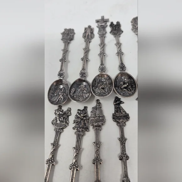 Vtg Holland Dutch demitasse mini spoons stamped novelty ornate figural set of 12 - Picture 6 of 10